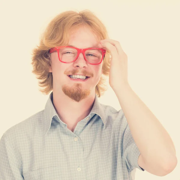 Cheerful Funny Looking Nerdy Guy Ginger Hair Eyeglasses Having Beard — Stock Photo, Image