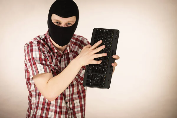 Crazy Hacker Man Unrecognizable Guy Wearing Black Balaclava Holding Computer — Stock Photo, Image