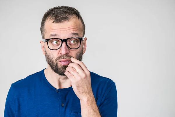 Adult Clever Guy Wearing Eyeglasses Blue Shirt Having Thinking Focused — Stock Photo, Image