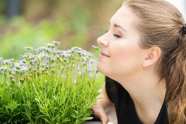 Close Happy Woman Smelling Wild Flowers Female Being Nature — Stock Photo, Image