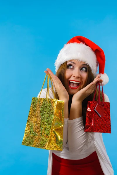 Young Brunette Woman Happy Give Christmas Gifts Female Wearing Santa — Stock Photo, Image