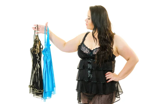 Volwassen Volwassen Vrouw Draagt Satijnen Lingerie Plukt Nachtkleding Size Vrouw — Stockfoto