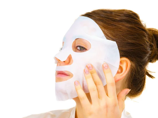 Woman Applying Sheet Mask Her Face White Girl Taking Care — Stock Photo, Image