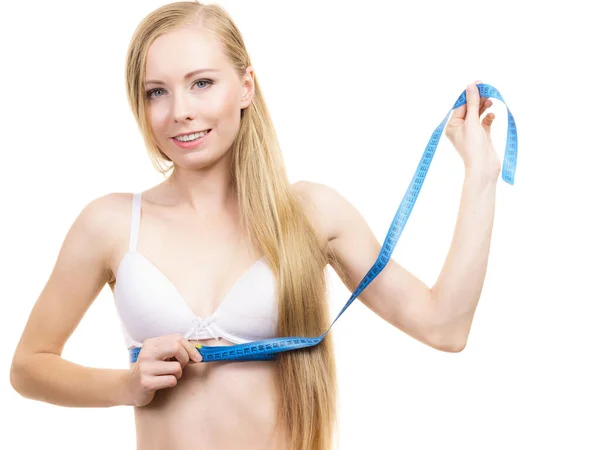 Young Slim Woman Wearing Bra Checking Her Breast Measurement Using — Stock Photo, Image