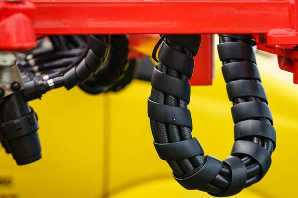 Hydraulic Connections Hoses Black Spiral Guard Wraps Machinery Industrial Detail — Stock Photo, Image