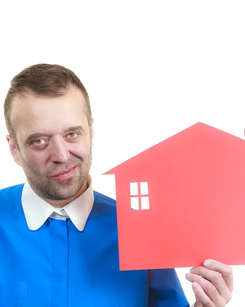 Hombre Sosteniendo Modelo Casa Conceptual Rojo Agente Inmobiliario Concepto Propiedad — Foto de Stock