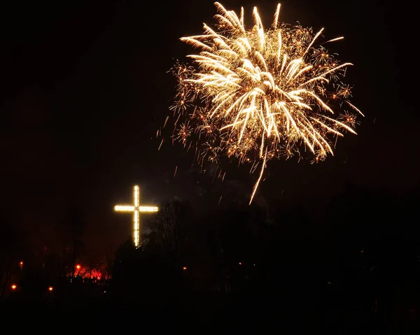 Explosion Feux Artifice Dans Ciel Célébrant Nouvel Dans Ville Gdynia — Photo