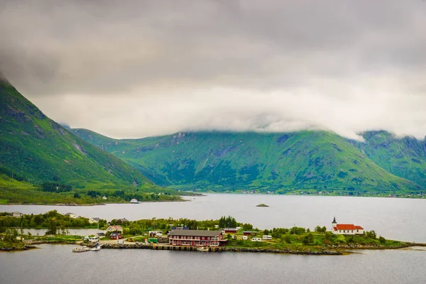 Fjord Táj Sildpollnes Kápolnával Lofoten Szigetek Sildpollneset Félsziget Austvagoya Norvégia — Stock Fotó