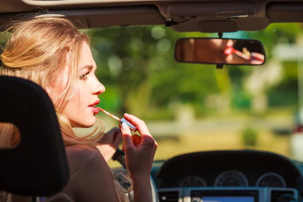 Concept Danger Auto Drive Young Woman Driver Painting Her Lips Stock Photo