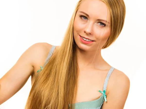 Young Long Hair Blonde Woman Small Boobs Wearing Bra White — Stock Photo, Image