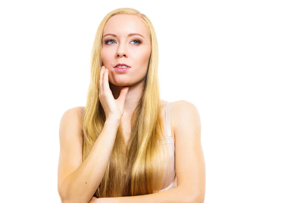 Young Blonde Woman Wearing Bra Covering Her Breast Long Hair — Stock Photo, Image