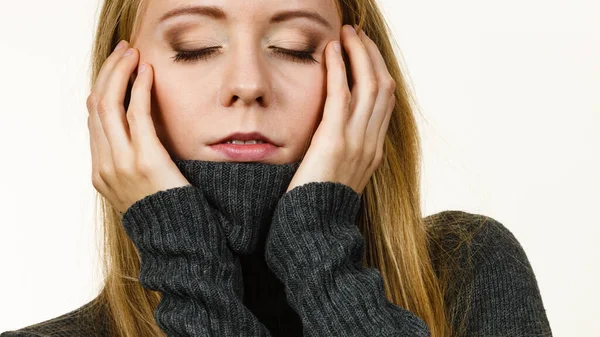 Sad Young Woman Long Hair Teen Girl Wearing Warm Sweater — Stock Photo, Image