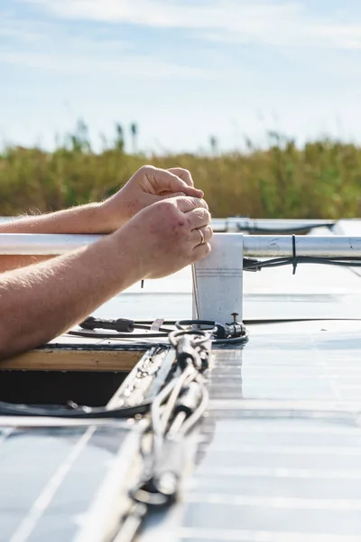 Male Hands Repair Caravan Motor Home Roof — Stock Photo, Image