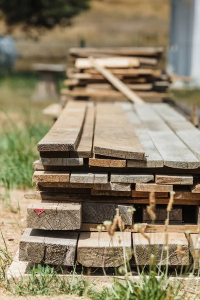 Stack Wooden Piles Plank Boards Construction Site Renovation Building Equipment — Stock Photo, Image