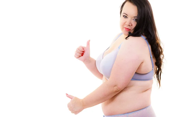 Velikost Tlusté Dospělé Ženy Podprsence Dává Palec Nahoru Bílém Šťastné — Stock fotografie