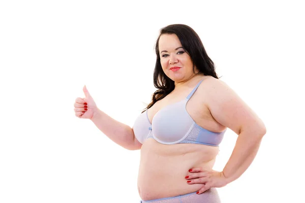 Size Fat Mature Woman Wearing Bra Lingerie Giving Thumb White — Stock Photo, Image