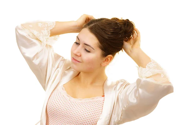 Молодая Женщина Нижнем Белье Макияжа Развязывает Длинные Каштановые Волосы Естественная — стоковое фото
