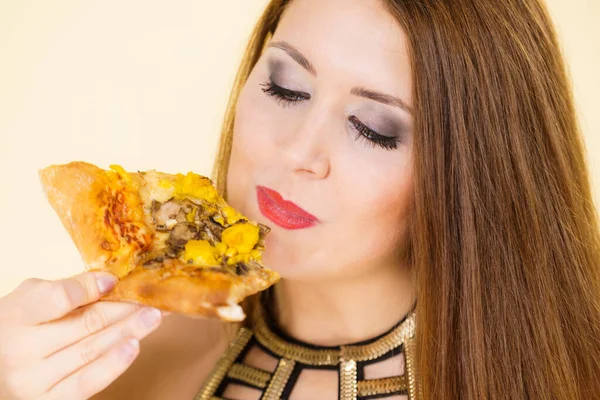 Young Woman Eating Hot Fresh Pizza Slice Delicious Fast Food — Stock Photo, Image