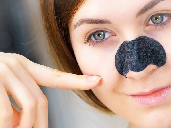 Woman Charcoal Strip Nose Remover Mask Blackheads Cleaning Girl Taking — Stock Photo, Image