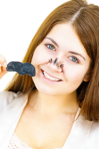 Woman Removing Pore Cleansing Textile Mask Charcoal Strips Nose Girl — Stock Photo, Image