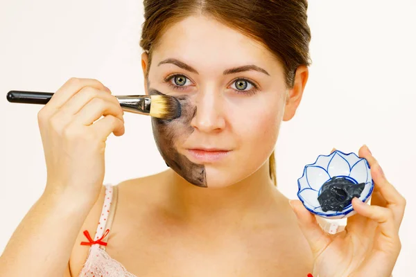 Woman Being Applying Clay Carbo Detox Mask Her Face Female — Stock Photo, Image