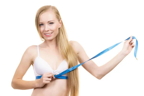 Young Slim Woman Wearing Bra Checking Her Breast Measurement Using — Stock Photo, Image
