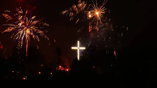Výbuch Ohňostroje Obloze Oslava Nového Roku Polském Gdyni Barevný Ohňostroj — Stock fotografie
