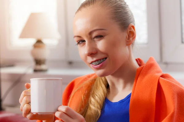 Young Woman Lying Sofa Warm Blanket Drinking Tea Coffee Different — Stock Photo, Image