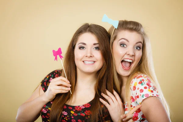 Twee Vrouwen Met Carnaval Accessoires Stok Hebben Plezier Het Dragen — Stockfoto