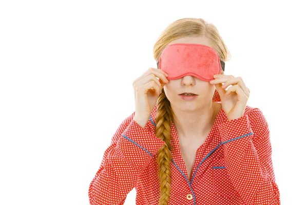 Koncept Příslušenství Pro Spací Ložnice Ospalá Žena Růžovém Pásku Pyžamu — Stock fotografie