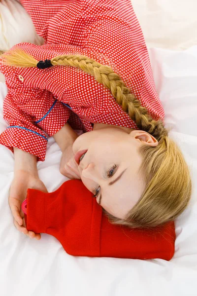 Woman Lying Bed Sleeping Warm Red Hot Water Bottle Fever — Stock Photo, Image