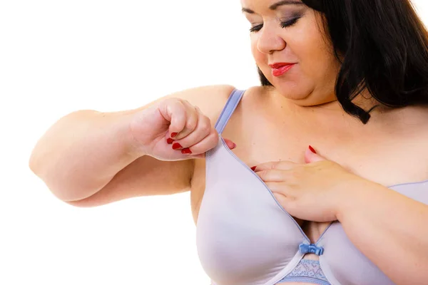 Velká Tlustá Zralá Žena Podprsence Bílém Ženská Prsa Spodním Prádle — Stock fotografie
