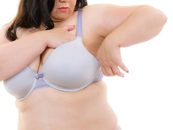 Size Dicke Reife Frau Trägt Auf Weiß Weibliche Brüste Dessous — Stockfoto