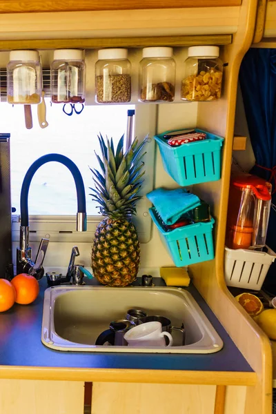 Caravan Kitchen Area Cooking Campervan Holidays Adventure Motor Home Van — Stock Photo, Image