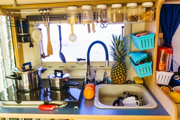 Caravan Kitchen Area Cooking Campervan Holidays Adventure Motor Home Van — Stock Photo, Image