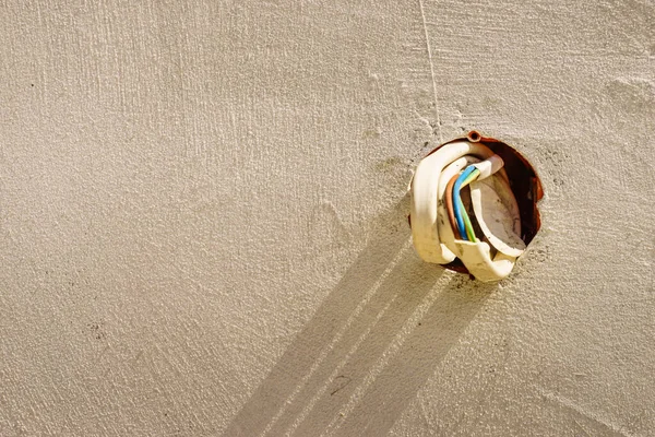 Colorful Cables Wires Sticking Out Grey Concrete Wall Details House — Stock Photo, Image