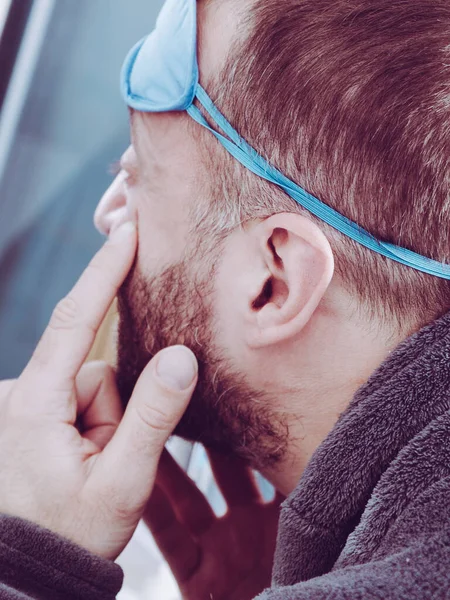 Funny Adult Man Wearing Eyemask Forhead Having Troubles Waking Standing — Stock Photo, Image