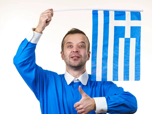 Feliz Joful Homem Segurando Bandeira Grega Turismo Apresentação País Conceito — Fotografia de Stock