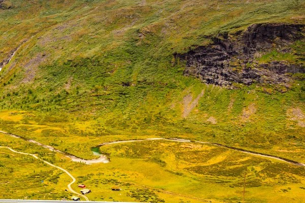 Paysage Montagneux Estival Norvège Vallée Verdoyante Avec Route Sinueuse Route — Photo