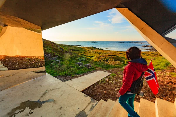 Femme Touristique Avec Drapeau Nordique Bénéficiant Une Vue Sur Côte — Photo