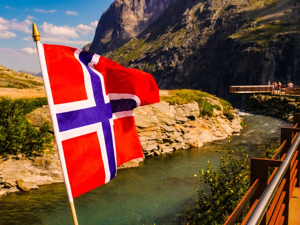 Trollstigen Mountain Road Landscape Norway Europe Norwegian Flag Waving Many — Stock Photo, Image