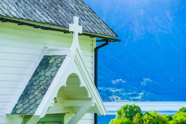 Norwegian White Wooden Church Nes Village Fjord Lusterfjord Vestland County — Stock Photo, Image
