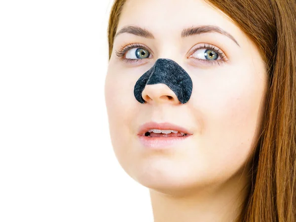 Woman Appying Clear Strips Nose Using Pore Cleansing Textile Mask — Stock Photo, Image