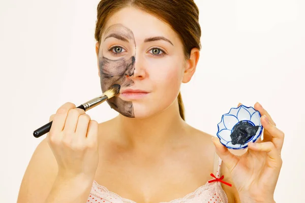 Woman Being Applying Clay Carbo Detox Mask Her Face Female — Stock Photo, Image