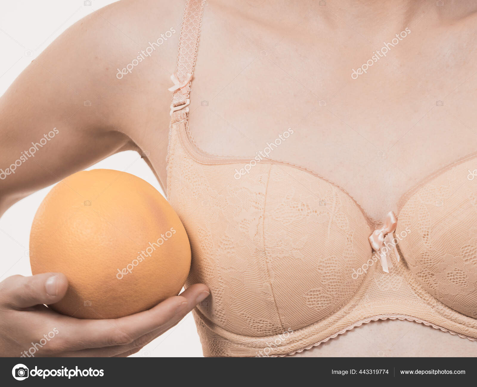 Slim Woman Small Boobs Wearing Bra Holding Big Grapefruits Breast