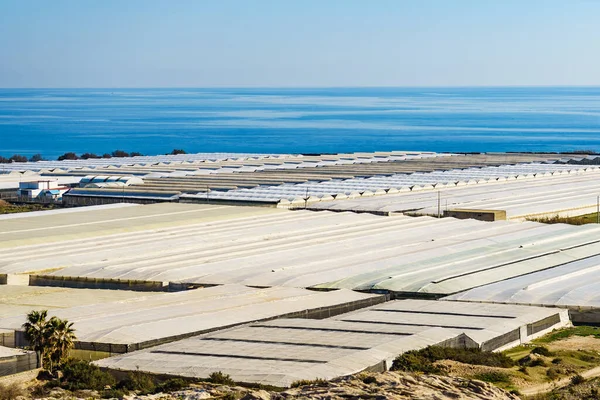 Paisagem Espanhola Vista Costa Marítima Com Muitas Estufas Plástico Colinas — Fotografia de Stock