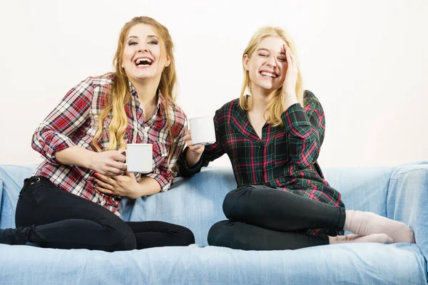 二人の女性の友人が一緒にソファでおしゃべりやお茶やコーヒーを飲みながら楽しい時間を過ごしています — ストック写真
