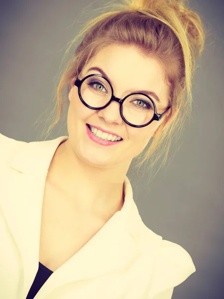 Portrait Happy Positive Business Woman Wearing Eyeglasses Accountant Teacher Enjoying — Stock Photo, Image