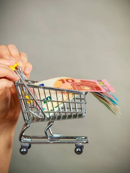 Economy Concept Woman Hand Holding Small Shopping Cart Trolley Money — Stock Photo, Image