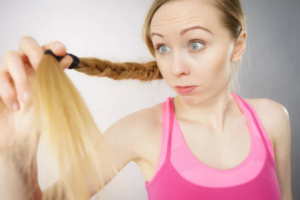 Happy Woman Looking Her Long Blonde Hair Ends Seeing Positive — Stock Photo, Image